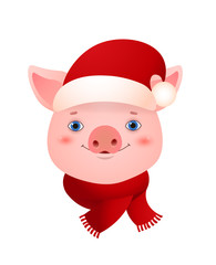 Head of smiling pig wearing hat and scarf. Christmas design element for greeting cards, posters, leaflets and brochures.