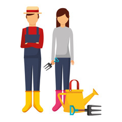 gardener man and woman with watering can and fork