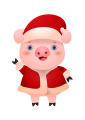 Pig waving with hand and wearing hat and winter coat. Christmas design element for greeting cards, posters, leaflets and brochures.