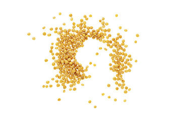 Pile of yellow mustard seeds isolated on white background. Top view.