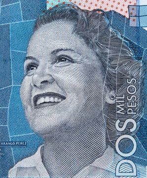 Debora Arango Perez portrait on Colombia currency 2000 peso (2016) banknote closeup, Colombian money close up..