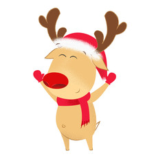 Excited cartoon deer in Santa hat and scarf waving hands. Happy, joy, fun. Miracles concept. Can be used for greeting cards, posters, leaflets and brochure