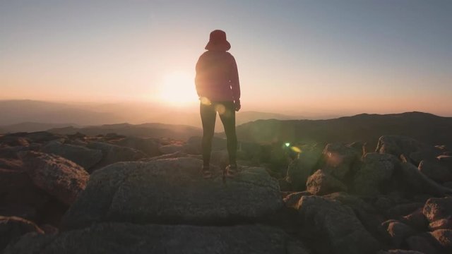 Woman Hiking in the Mountains at Sunset, Adventure Outdoor Active Lifestyle