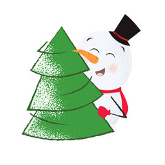 Positive snowman in cylinder embracing Christmas tree. Happy, excited, celebration. New Year concept. Can be used for greeting cards, posters, leaflets and brochure