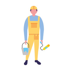 repair man holding bucket and roller paint