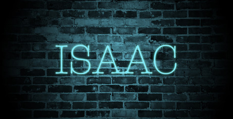 first name Isaac in blue neon on brick wall