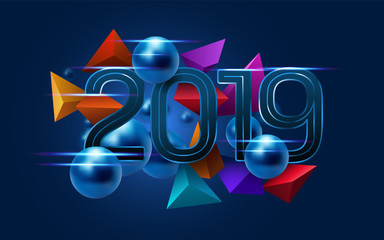 Metallic text 2019 with metal balls and colorful fragments on dark blue background. New year's greeting card. Eps10 vector.