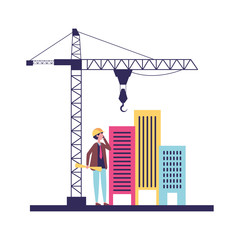 architect with blueprints buildings crane outdoors