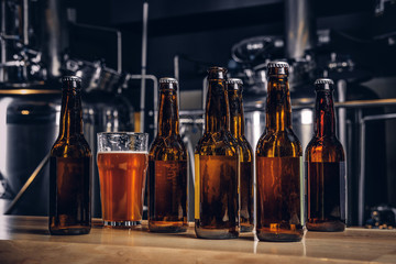 Bottles and glass of craft beer on wooden bar counter at the indie brewery. © Fxquadro