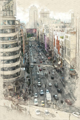Plakaty  Widok z lotu ptaka na Gran Via w Madrycie