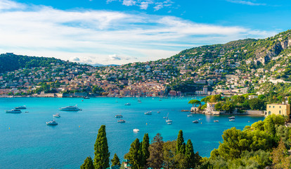 French Riviera coast with medieval town Villefranche sur Mer, Nice region, France