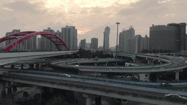 Aerial view over the massive cross highway and subway bridge of XuJiaHui district in Shanghai.