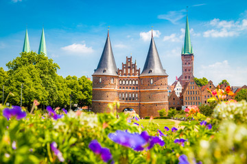 Historic town of Lübeck with Holstentor gate in summer, Schleswig-Holstein, northern Germany