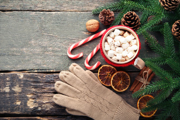 Cappuccino with marshmallow in mug and fir-tree branches on wooden table