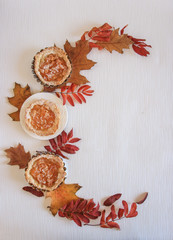 Mini apple cakes with cup of coffee. Enjoy autumn, colors. Keep memories of this autumn. Decorate leafs