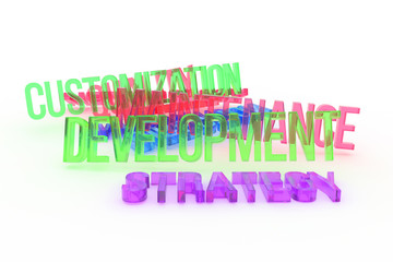 Strategy, Development, business conceptual colorful 3D rendered words. Design, title, communication & alphabet.