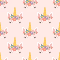 Abwaschbare Fototapete Einhorn Süßes Einhorn nahtloses Muster - Einhornkopf mit Blumen - endloses Design