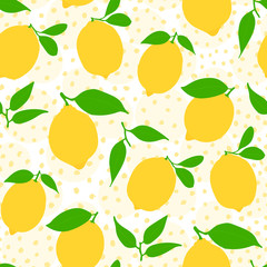 Seamless lemon pattern - citrus illustration with leaves repeating on yellow dotted background