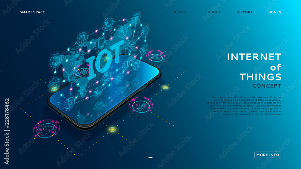 Poster internet of things technology concept. smart app shows global internet of things on the screen. vect