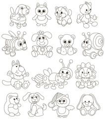 Vector collection of funny toy animals for small children, black and white vector illustrations in a cartoon style