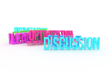 Optimization, Discussion, business conceptual colorful 3D rendered words. Positive, caption, backdrop & cgi.
