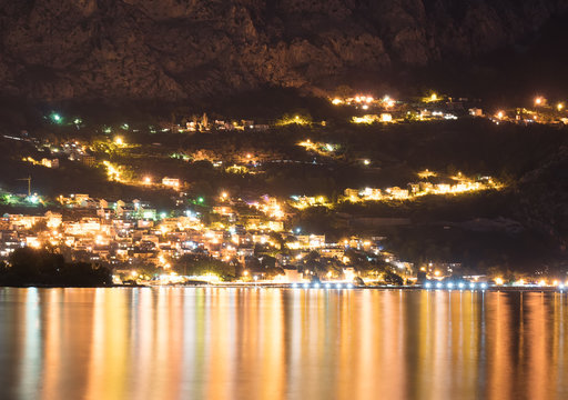 Omis city view near the mountain in Croatia at evening.