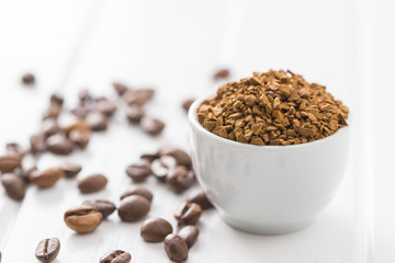 The instant coffee and coffee beans.