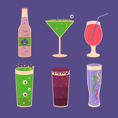 Set of Halloween cocktail icons, spooky drinks with eyeballs, spider, worms, bubbles and other creepy symbols.
