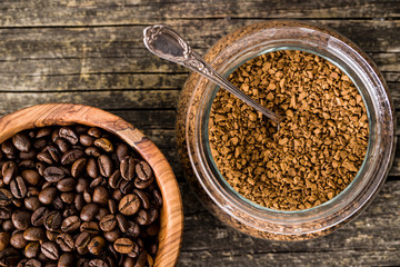 The instant coffee and coffee beans.