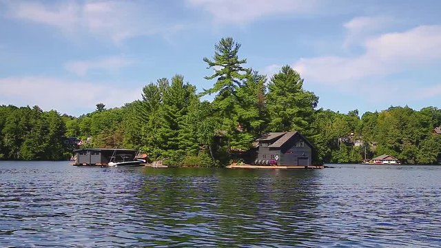 The view from a boat while cruising on Lake Joseph, Ontario.