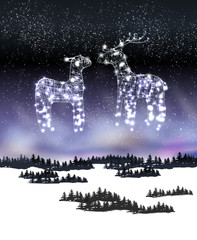 Two Reindeer From Lamp And Wire on the Winter Night Background.