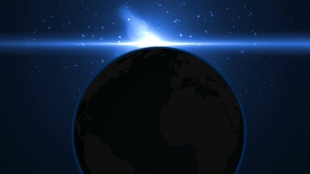 Blue Flare Over The Earth. 3D Animation.Sunrise Over Earth As Seen From Space.Sunrise on Planet 