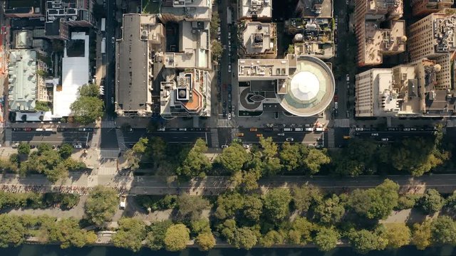 Aerial view of Fifth Avenue traffic and Central Park 4K