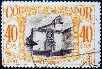 Church of Quito on beautiful vintage postage stamp