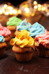 Tasty cupcakes on christmas winter background. Birthday cupcake in rainbow colors.
