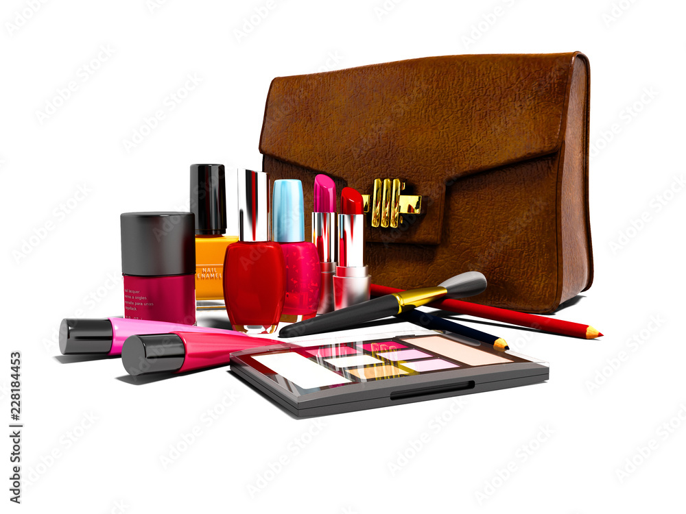 Wall mural cosmetics for girl with handbag front view 3d render on white background with shadow