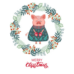 Merry Christmas. Vector floral wreath with piglet on a white background and hand-drawn lettering.