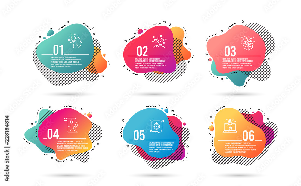 Poster infographic timeline 6 steps. abstract 6 options graphic elements. gradient banners with liquid shap