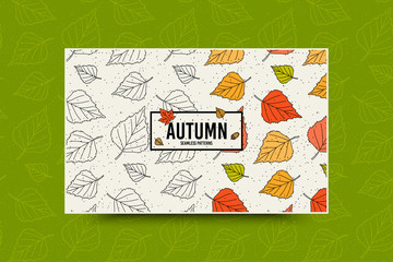 Autumn leaf seamless pattern. Fall leaves texture. Seasonal web banner template with leaf pattern. Frame with acorn and autumn leaves. Leaflet with copy space for text. Fall season decoration. Vector