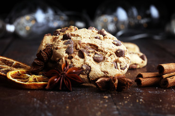 Chocolate cookies on rustic table. Chocolate chip cookies shot