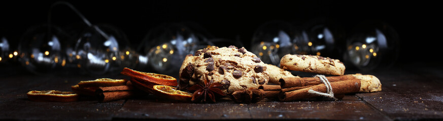 Chocolate cookies on rustic table. Chocolate chip cookies shot