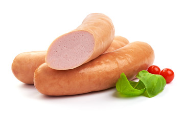 Munich boiled sausages with basil, isolated on white background.