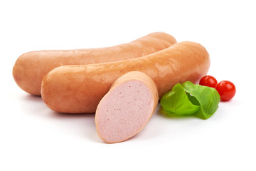 Frankfurter boiled sausages with basil, isolated on white background.