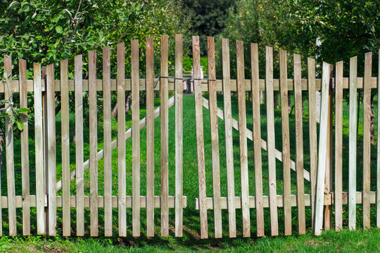 closed gates through a wooden fence in an apple garden