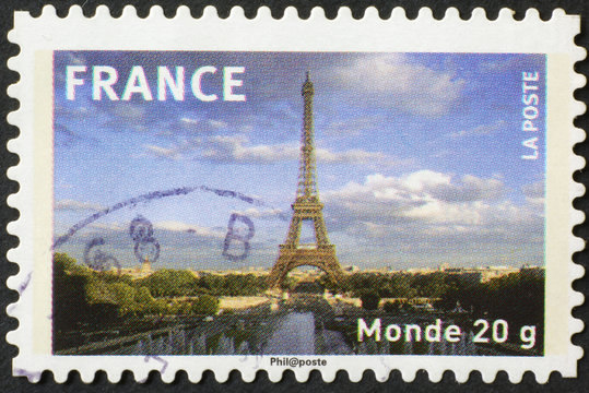 Skyline of Paris on french postage stamp