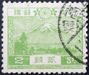 Volcano Fuji on ancient japanese postage stamp