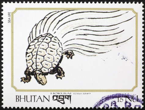 Turtle painted by Hokusai on postage stamp