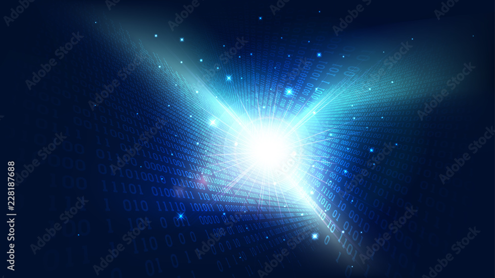 Poster binary code in abstract futuristic cyberspace, matrix shining blue background with digital code, big