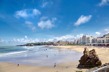 Atlantic coast in southwest France. Sand beaches - La Grande Plage and Miramar. Blue sky and ocean...