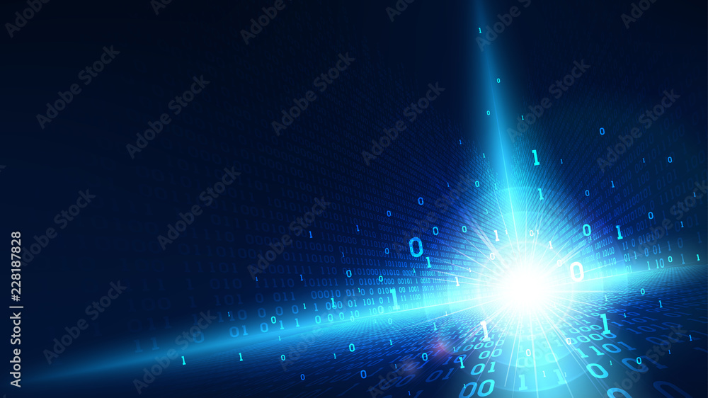 Poster binary code in abstract futuristic cyberspace, matrix shining blue background with digital code, big